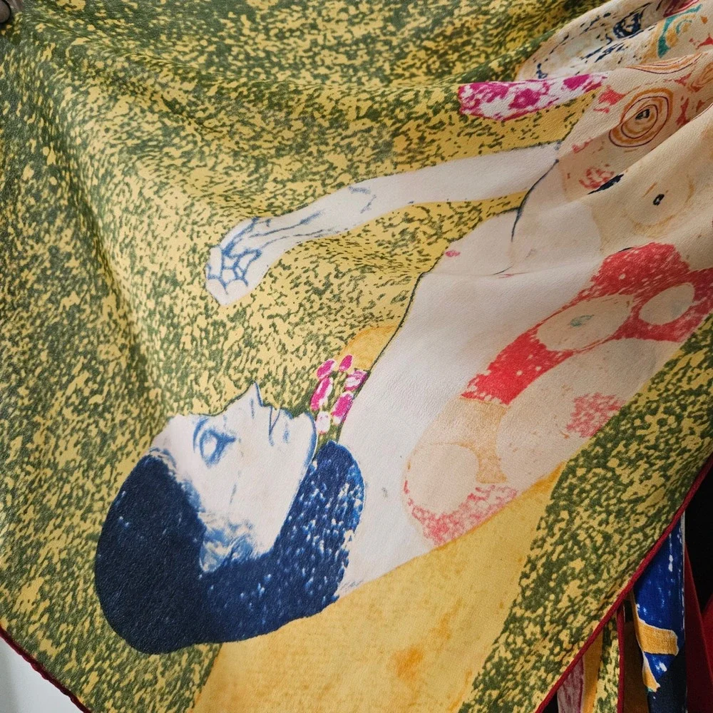 Gustav‎ Klimt Art Print Silk Scarf Women Multicolor Oblong Hand Rolled Edges